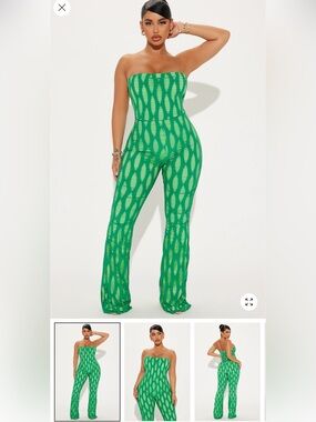 Fashion Nova Strapless Green Patterned Jumpsuit